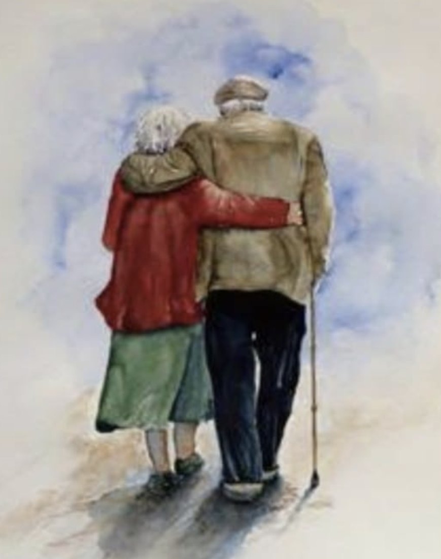 Watercolour of an elderly couple walking together, one supporting the other